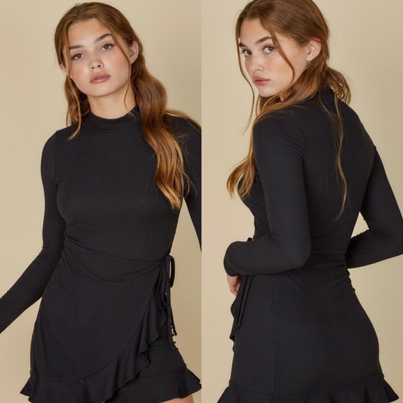 Fall Black Ribbed Knit Ruffle Dress Wrap Tunic Top Women’s Tops Clothes - Picture 3 of 10